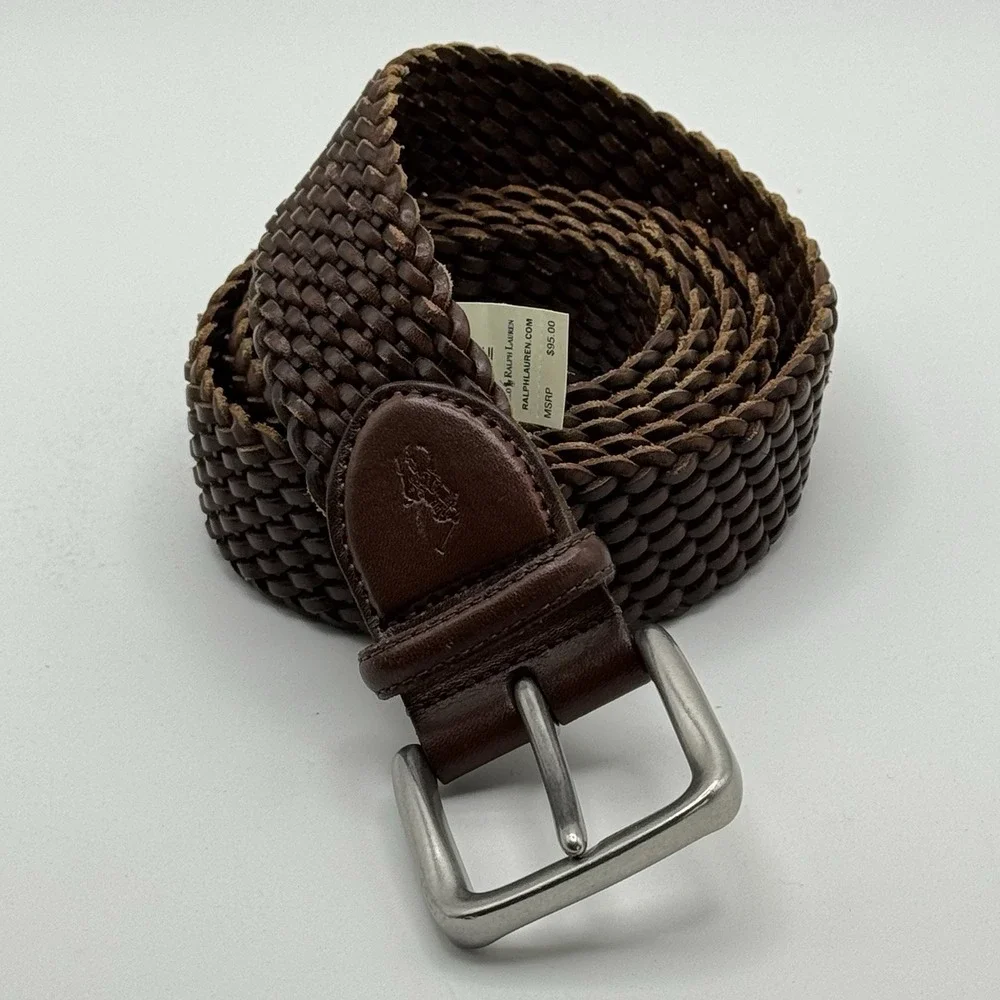 Polo Ralph Lauren Braided Woven Leather Belt Brown Size 54 MSRP $95 Vachetta